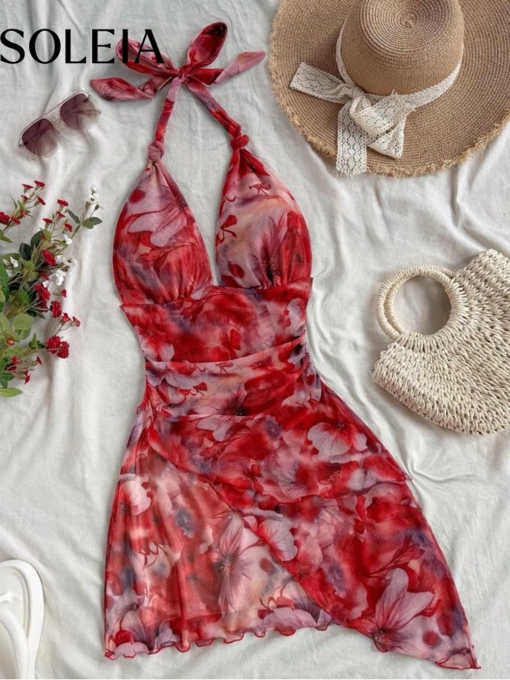 SHEIN Red Floral Asymmetrical Halter Dress